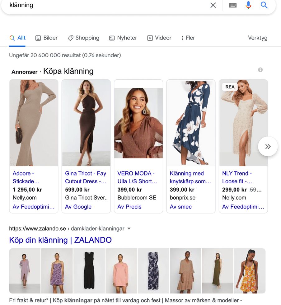 Google-annonser efter sökning på "Klänning"